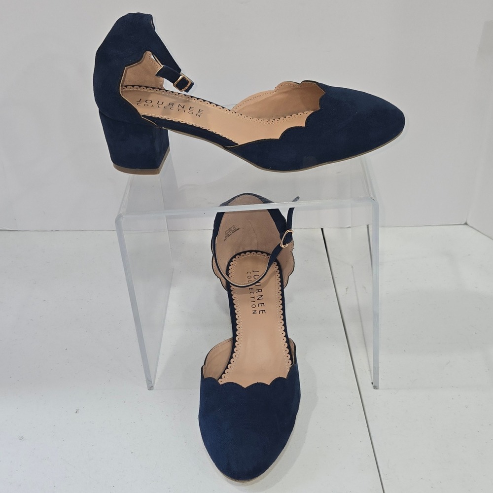 Journee Collection Navy Blue Scalloped D'Orsay Ankle Strap Block Heel Pump 10 WD